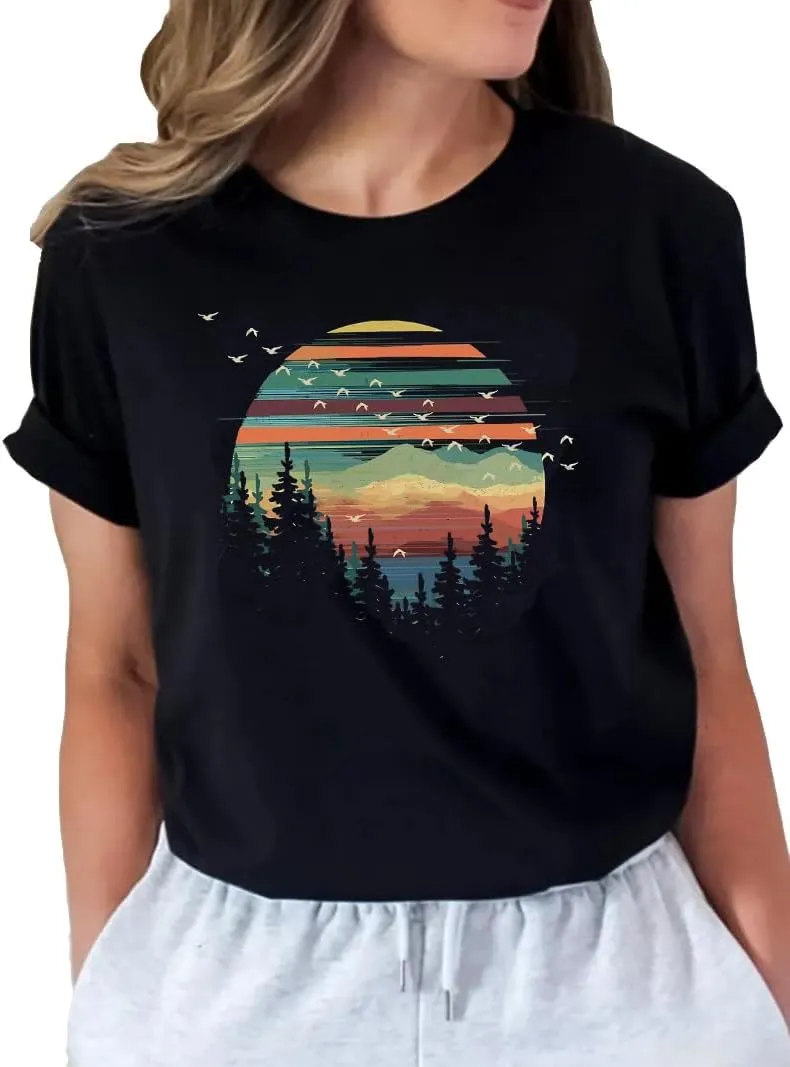 Womens Funny Heart Mountain Camping Tree Graphic Tee Forest Print T-Shirt Casual Hike Short Sleeve