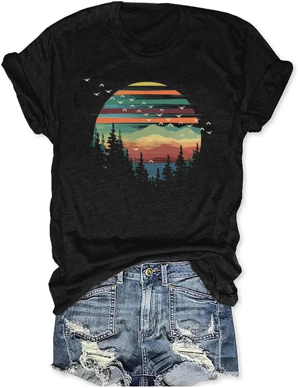 Womens Funny Heart Mountain Camping Tree Graphic Tee Forest Print T-Shirt Casual Hike Short Sleeve