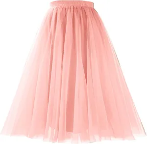 Women's Knee Length Tulle Skirts Layered Prom Party Midi Tutu Skirt