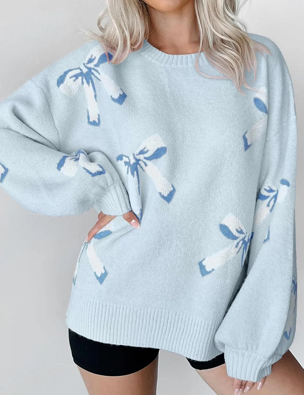 Womens Oversized Cute Bow Tie Sweater Spring 2025 Cozy Chunky Ribbed Knit Crewneck Long Sleeve Pullover Tops