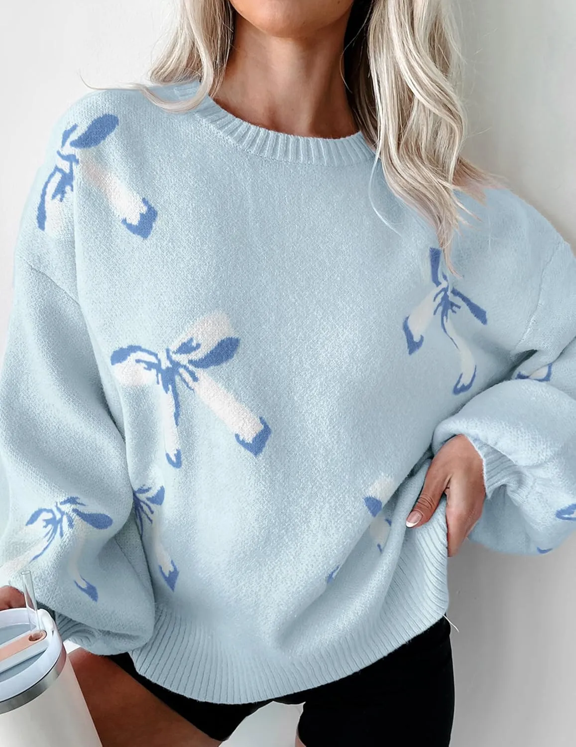 Womens Oversized Cute Bow Tie Sweater Spring 2025 Cozy Chunky Ribbed Knit Crewneck Long Sleeve Pullover Tops