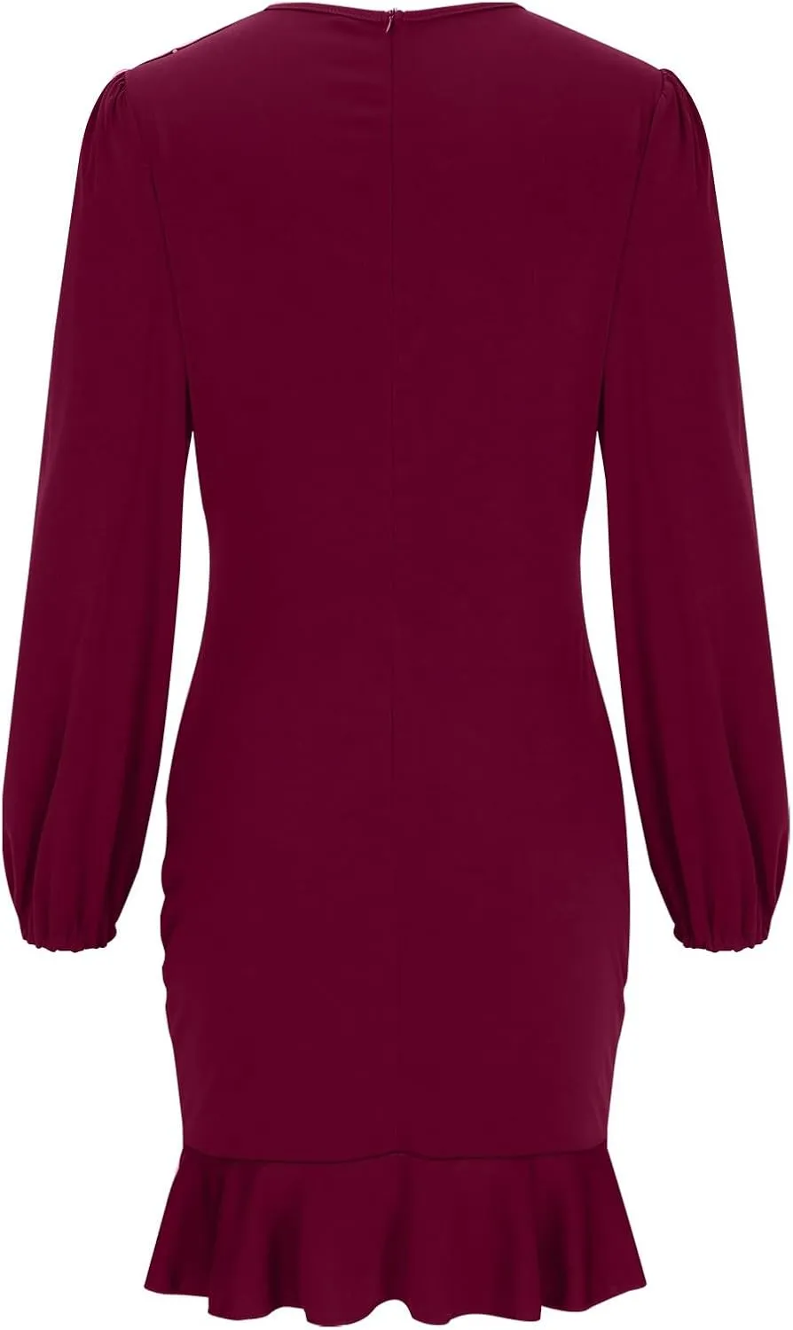 Womens Sexy Fall Short Dresses Puff Long Sleeve Ruffle Hem mini Dresses Casual Cozy Slim fit wrap Bodycon Dresses
