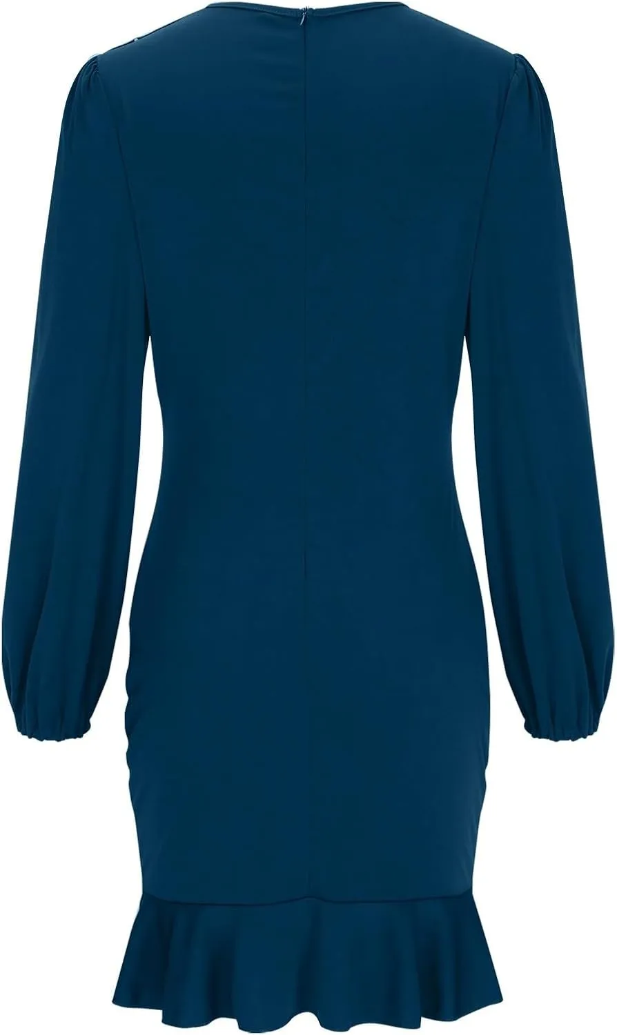 Womens Sexy Fall Short Dresses Puff Long Sleeve Ruffle Hem mini Dresses Casual Cozy Slim fit wrap Bodycon Dresses