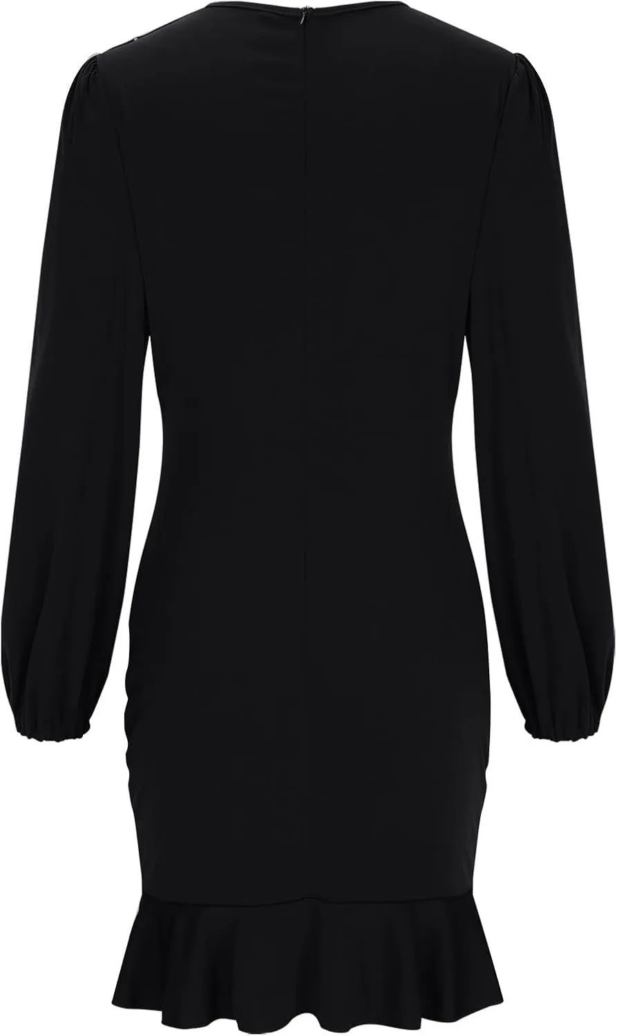 Womens Sexy Fall Short Dresses Puff Long Sleeve Ruffle Hem mini Dresses Casual Cozy Slim fit wrap Bodycon Dresses