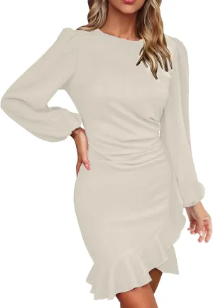 Womens Sexy Fall Short Dresses Puff Long Sleeve Ruffle Hem mini Dresses Casual Cozy Slim fit wrap Bodycon Dresses