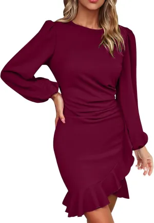 Womens Sexy Fall Short Dresses Puff Long Sleeve Ruffle Hem mini Dresses Casual Cozy Slim fit wrap Bodycon Dresses