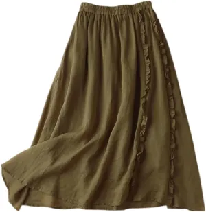 Women's Summer A Line Skirt with Elastic Waist Linen Blend Embroidered Lace Edge Casual Midi Skirt Summer Skirts
