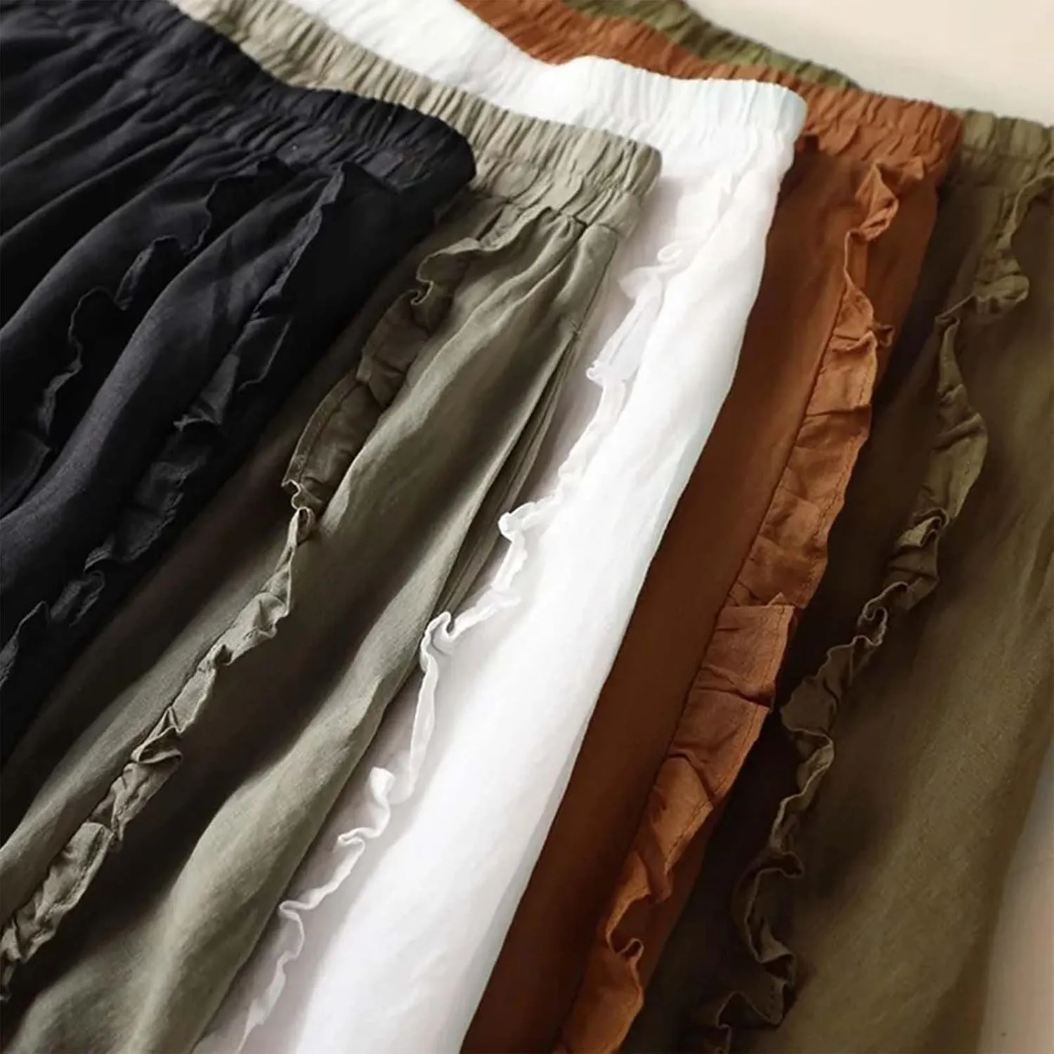 Women's Summer A Line Skirt with Elastic Waist Linen Blend Embroidered Lace Edge Casual Midi Skirt Summer Skirts