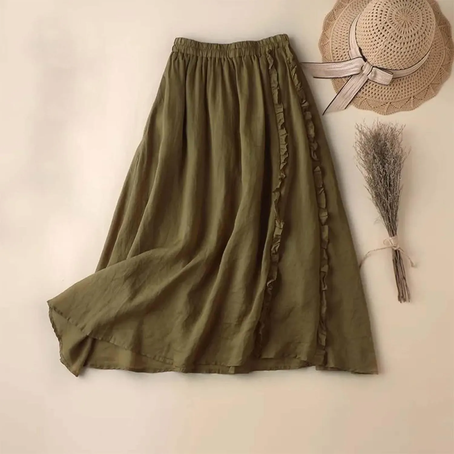 Women's Summer A Line Skirt with Elastic Waist Linen Blend Embroidered Lace Edge Casual Midi Skirt Summer Skirts