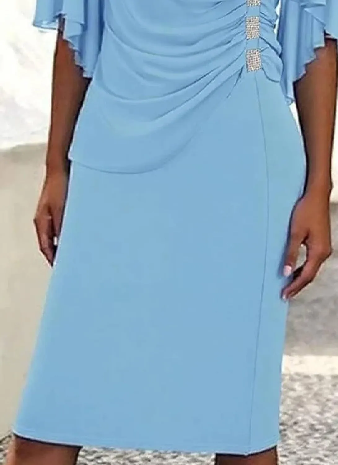 Womens Summer Elegant Light Blue Ruffled Short Neck Round Neck A-Line Ruched Bodycon Fresh Party Midi Dress