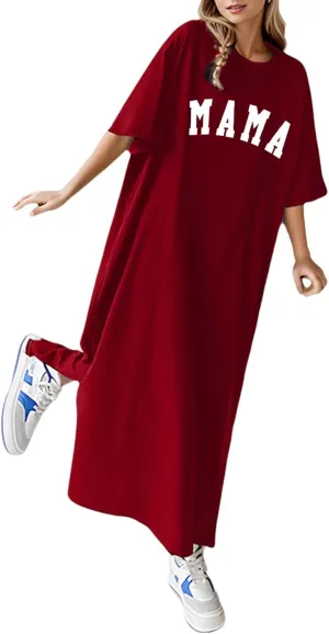 Women's Summer Loose Casual Mama Print Short Sleeve T Shirt Long Dress Casual Dresses Midi Length
