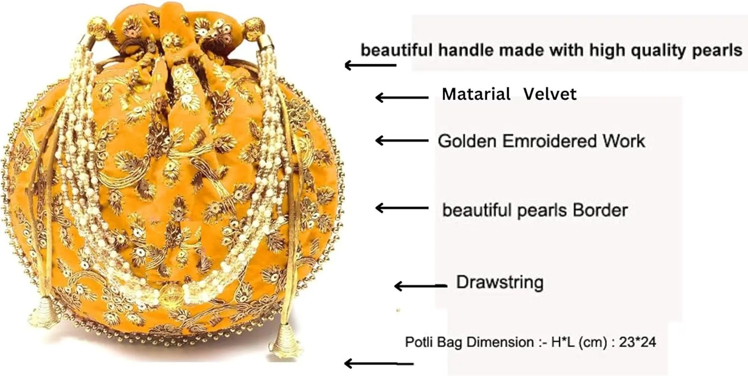 Women's Velvet Embroidered Potli Bag Purse Pouch Drawstring Bag Golden Work Wedding Gift for Women