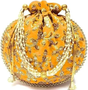 Women's Velvet Embroidered Potli Bag Purse Pouch Drawstring Bag Golden Work Wedding Gift for Women