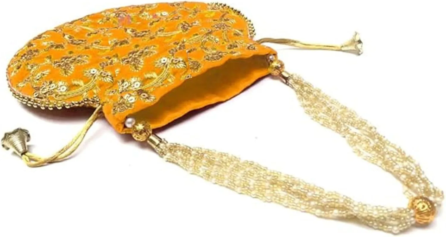 Women's Velvet Embroidered Potli Bag Purse Pouch Drawstring Bag Golden Work Wedding Gift for Women