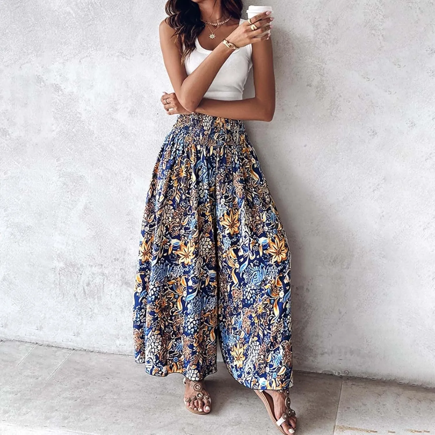 Women's Vintage Floral High Waist Wide Leg Pants Casual Loose Fit Trousers Womens Dress Leggings Pants