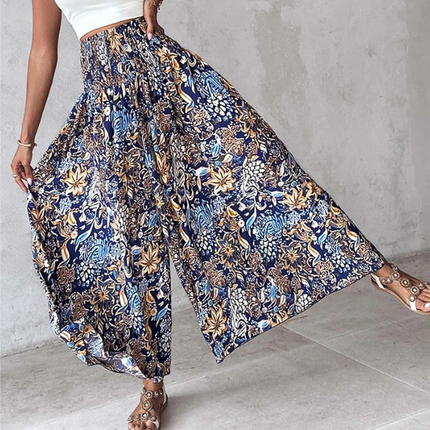 Women's Vintage Floral High Waist Wide Leg Pants Casual Loose Fit Trousers Womens Dress Leggings Pants