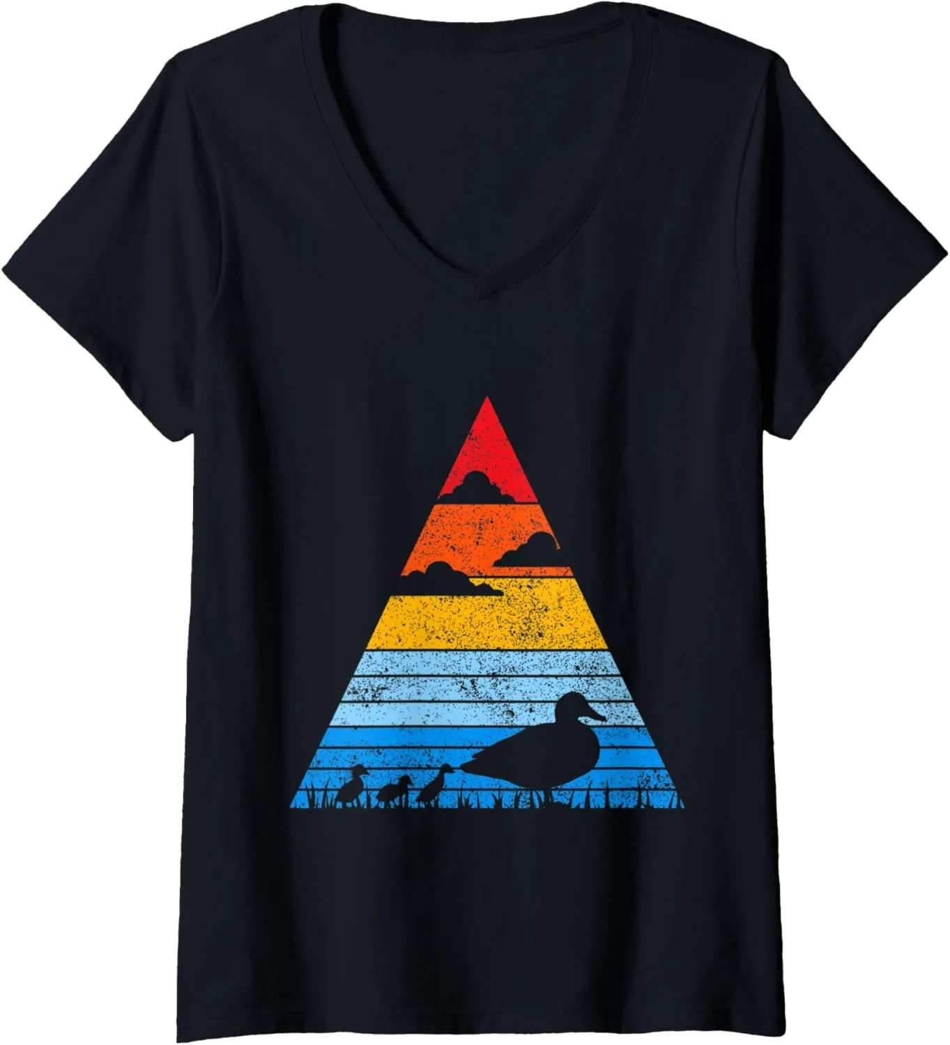 Womens Vintage Retro Ducks Erpel Duck Sunset Animal V-Neck T-Shirt