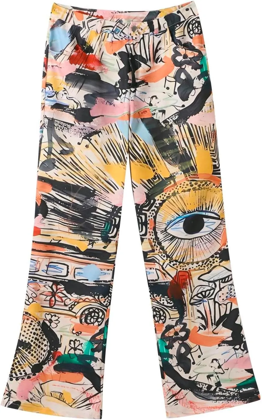 Womens Vintage Wide Leg Fashion High Waisted Casual Denim Pants 90s Floral Printed Pull On Baggy Trousers 3