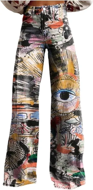Womens Vintage Wide Leg Fashion High Waisted Casual Denim Pants 90s Floral Printed Pull On Baggy Trousers 3