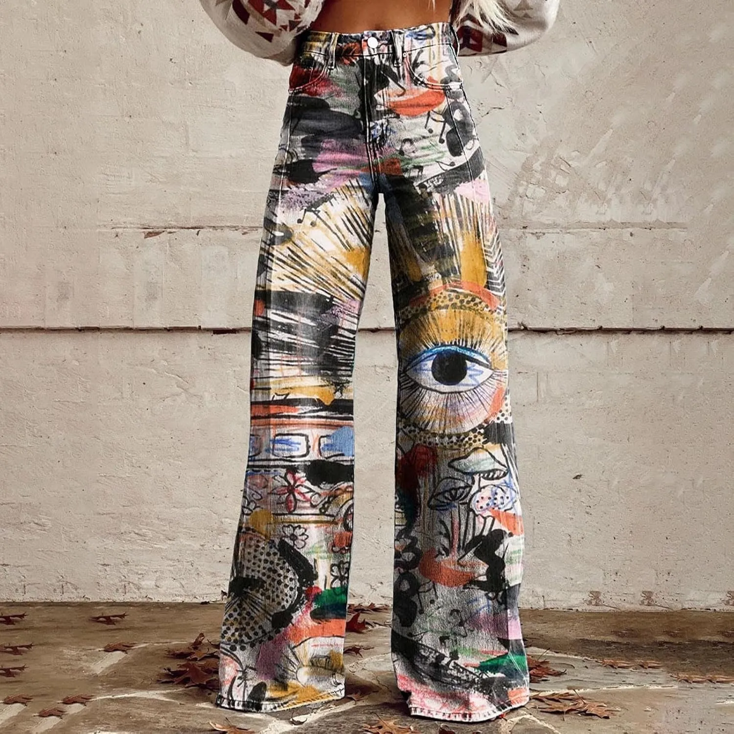 Womens Vintage Wide Leg Fashion High Waisted Casual Denim Pants 90s Floral Printed Pull On Baggy Trousers 3