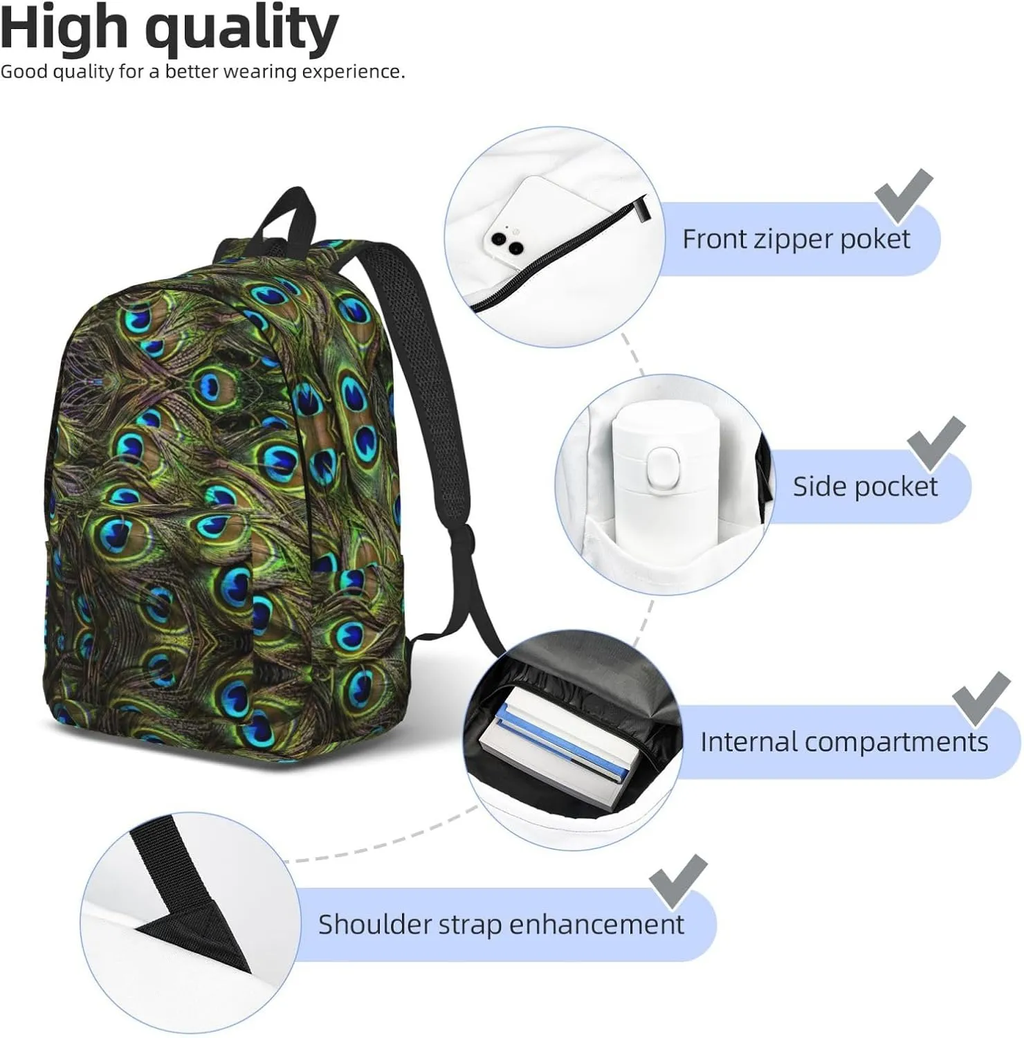 WURTON Fresh Peacock Print Large Backpack Casual Laptop Backpack Computer Bag Travel Daypack For Women Men