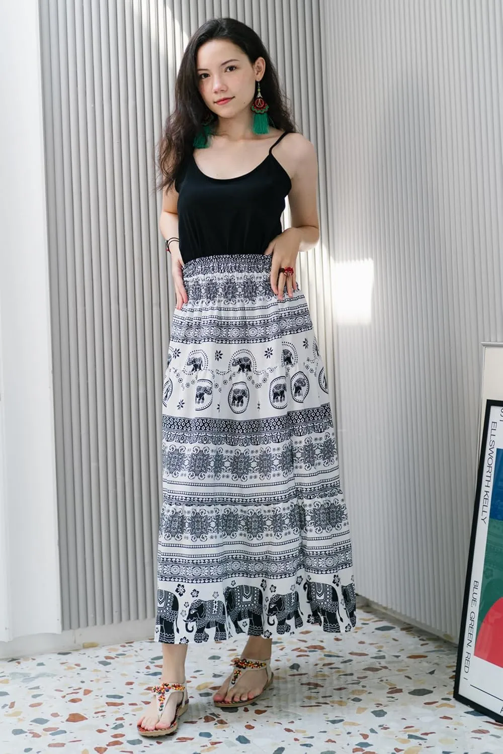 Your Cozy Womens Summer Boho Elastic Waist Pleated A-Line Flowy Swing Tiered Long Beach Maxi Skirt